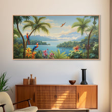 Load image into Gallery viewer, Animal Wall Art, Bird Art Print, Wall Hanging, Parrot Painting, Tropical Wall Art, Panoramic Art, Wall Art, Canvas Art, Landscape Art
