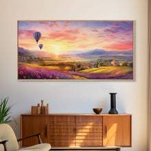 Load image into Gallery viewer, Beautiful Fields of Lavender, Framed Canvas Print, Wall Art, Boho Wall Decor, Sunset Painting, French Countryside, Farmhouse Art