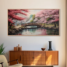 Cargar imagen en el visor de la galería, Cherry Blossoms, Japanese Wall Art, River Wall Art, Panoramic Art, Wall Art, Canvas Art, Landscape Art, Living Room Art, Tiny House Décor