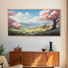 Cargar imagen en el visor de la galería, Cherry Blossom Art, Mountains Wall Art, Spring Art, Panoramic Art, Wall Art, Canvas Art, Landscape Art, Teacher Gift, Family Room Art