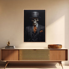 Load image into Gallery viewer, Spooky Skeleton Business Man, Halloween Art, Framed Canvas Print, Halloween Canvas, Skeleton Painting, Victorian Gothic Decor