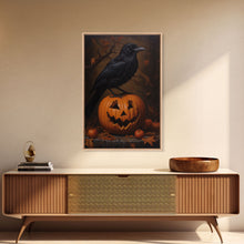 Load image into Gallery viewer, Crow Atop A Jack O Lantern, Framed Canvas Print, Halloween Decor, Raven Painting, Victorian Oil Painting Print, Macabre Horror Print