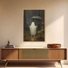 Load image into Gallery viewer, Goofy Ghost In The Rain, Vintage Halloween Canvas, Framed Canvas Print, Cute Wall Art, Who's Haunting Who?