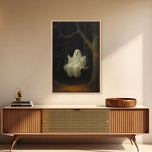 Load image into Gallery viewer, The Happy Playground Ghost, Funny Halloween, Vintage Halloween Canvas, Framed Canvas Print, Cute Wall Art, Ghost On A Swing, Macabre Art