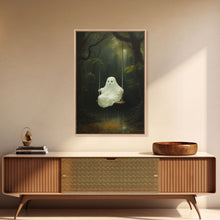 Load image into Gallery viewer, Cute Little Boo Playground Ghost, Funny Halloween, Vintage Halloween Canvas, Framed Canvas Print, Cute Wall Art, Ghost On A Swing, Macabre