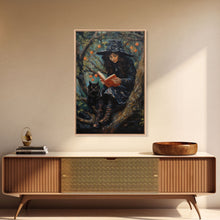 Load image into Gallery viewer, Cute Witch Reading Spells To Her Black Cat Familiar, Vintage Halloween Art, Framed Canvas Print, Halloween Canvas Art, Witchcraft