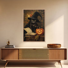 Cargar imagen en el visor de la galería, Cute Witch Cat Reading Her Book Of Spells, Vintage Halloween Art, Framed Canvas Print, Halloween Canvas Art, Witchcraft