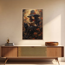 Load image into Gallery viewer, Cute Little Witch Reading Spells To Her Black Cat Familiar, Vintage Halloween Art, Framed Canvas Print, Halloween Canvas Art, Witchcraft