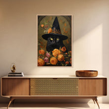 Carregar imagem no visualizador da galeria, Cute Witch's Familiar Cat Halloween Art, Cat Witch, Cat Painting, Cute Cat Print, Halloween Decor, Black Cat Print, Framed Canvas / Canvas