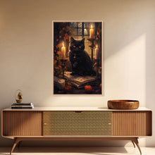 Load image into Gallery viewer, Black Cat Art, Framed Canvas Print, Halloween Canvas Print, Goth Art, Dark Academia, Fall Decor, Witchy Vibes