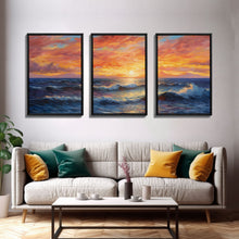 Carregar imagem no visualizador da galeria, 3 Piece Wall Art Blue Beach and Ocean Waves Panoramic Framed Canvas Print - Perfect for Living Room, Bedroom, Office Decor, Beach House Art