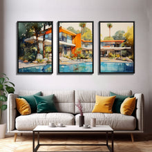 Load image into Gallery viewer, Architecture Print, Mid-century House Art,  Canvas Print, Wall Art, 3 Piece Wall Art, Real Estate Gift, Family Room Art, Entryway Prints