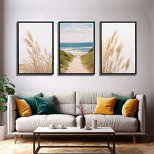 Load image into Gallery viewer, Beautiful Set of 3 Pampas Grass Beach Ocean Shore Photography Prints Minimalist Modern Art Neutral Coastal Room Decor Framed Canvas Wall Art