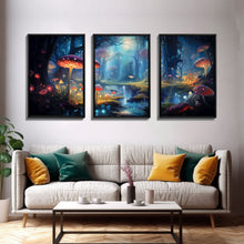 Load image into Gallery viewer, Magical dark forest art print on canvas, fantasy forest, oil style painting, large landscape wall art for home, ready to hang, 3 Piece Art