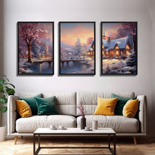 Carregar imagem no visualizador da galeria, 3 Piece Winter Scene, Framed Canvas Prints, Triptych Christmas Painting, Christmas Decor, Winter Art, Christmas Wall art, Xmas Art