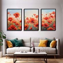 Load image into Gallery viewer, Beautiful Red Flowers, Wildflower Art, Framed Canvas Prints, 3 Piece Set, Triptych, Wall Art, Botanical Art, Floral Decor, Boho Style Art