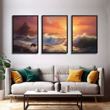 Carregar imagem no visualizador da galeria, 3 Piece Art Set, Seascape Painting Canvas Print, Beach House Decor, Sunset Painting, Original Painting, Boho Style Living Room Art