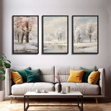 Carregar imagem no visualizador da galeria, 3 Piece Winter Scene, Framed Canvas Prints, Triptych Christmas Painting, Christmas Decor, Winter Art, Christmas Wall art, Xmas Art