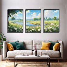 Load image into Gallery viewer, Beautiful Spring Meadow Landscape Painting 3 Piece Set, Spring Centerpiece Art, Original Oil Painting Wall Art, Minimalist Whimsical Decor