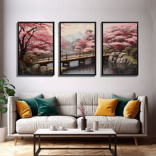 Cargar imagen en el visor de la galería, Cherry Blossom Wall Art, Japanese Print, Landscape Wall Art, Canvas Print, Wall Art, 3 Piece Wall Art, Farmhouse Wall Decor, Above Bed Art