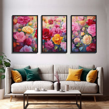 Load image into Gallery viewer, Beautiful Rose Art, Framed Canvas Print, Floral Art, Botanical Decor, Blue and Yellow Roses, 3 Piece Art Set