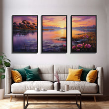 Load image into Gallery viewer, Beautiful 3 Piece Wall Art, Framed Canvas Print, 3 Piece Set, Lake House Decor, Sunset Over The Purple Marsh, Above Sofa Art