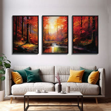 Carregar imagem no visualizador da galeria, Fall Wall Art, Fall Forest, Forest Print, Sunset, Canvas Print, Set Of 3 Prints, Wall Art, 3 Piece Wall Art, Farmhouse Art, Bookshelf Decor