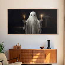 Cargar imagen en el visor de la galería, Cute Ghost Holding Candles, Framed Canvas Print, Dark Academia Wall Art, Victorian Oil Painting Style Halloween Wall Art, Ghost Print