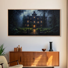 Load image into Gallery viewer, The Haunted House, Spooky Halloween Art, Haunted Victorian Mansion Framed Canvas Print, Horror Prints
