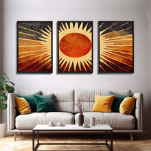 Carregar imagem no visualizador da galeria, Abstract Midcentury Modern Sunburst, Art Deco Style art, sun with rays, sun burst, boho style, 3 Piece Wall Art, Ready To Hang Canvas Print