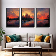 Carregar imagem no visualizador da galeria, Forest Sunset Wall Decor, Oil Painting Style, 3 Piece Wall Art, Ready To Hang Canvas Print, Cool Unique Living Room Wall Art Decor
