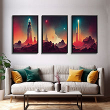 Load image into Gallery viewer, Art Deco Scifi Art, Science Fiction Space Ships, 3 Piece Wall Art, Ready To Hang Canvas Print, Cool Unique Mancave wall Art Decor