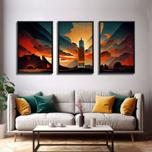 Load image into Gallery viewer, Art Deco Brutalist Architecture, Dystopian, 3 Piece Wall Art, Ready To Hang Canvas Print, Beautiful Living Room Wall Art Decor