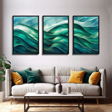 Load image into Gallery viewer, Emerald Green Wall Decor, Sea Green Ocean Waves Abstract, 3 Piece Canvas Decor, 3 Piece Wall Art, Ready To Hang Canvas Prints