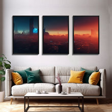 Load image into Gallery viewer, Cyberpunk Cityscape, Cyberpunk Concept Art at Sunset, Cool mancave art, 3 Piece Canvas Decor, 3 Piece Wall Art, Ready To Hang Canvas Prints