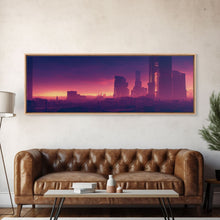 Load image into Gallery viewer, Cyberpunk Cityscape, Ready To Hang Canvas Print, Panoramic, Cyberpunk Concept Art, Cityscape at Sunset, Cool mancave art, Purplewave