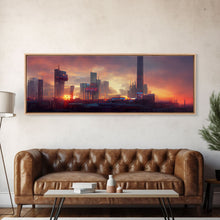 Load image into Gallery viewer, Cyberpunk Cityscape, Metropolis Art, Ready To Hang Canvas Print, Panoramic, Night City Watercolor Concept Art