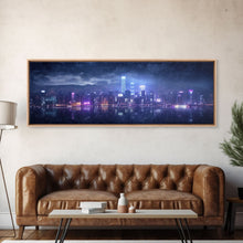 Load image into Gallery viewer, Cyberpunk Hong Kong City Skyline, Framed Canvas Print, Cyberpunk Style Wall Art, Synthwave Decor, Videogame Concept Art