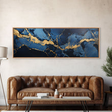 Load image into Gallery viewer, Black, Blue and Gold Marble Canvas Wall Art, Abstract Canvas Art, Panoramic Art, Large Wall Art, Marble Wall Decor, Large Canvas Modern Art