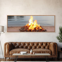 Carregar imagem no visualizador da galeria, Campfire On The Beach, Framed Canvas Print, Lakehouse Wall Art, Ocean Decor, Ocean Wall Art, Home & Office Decoration