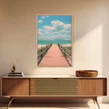 Load image into Gallery viewer, Beach Boardwalk, Vaporwave Summer Vibes, Framed Canvas Print, Retro Midcentury Modern Art, Liminal Art, Minimalist MCM Lakehouse Art