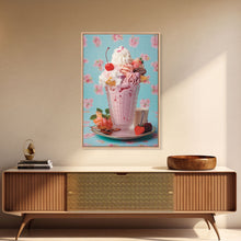 Load image into Gallery viewer, A Strawberry Sunday, Ice Cream Art, Framed Canvas Print, Ice Cream Parlor Decor, Icecream Shop Wall Art, MCM Style Decor, Kitchen decor