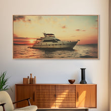 Load image into Gallery viewer, An Abandoned Yacht at Sunset - Framed Canvas Print - Nautical Decor - Vaporwave Art - Liminal Spaces - Urban Decay - Eclectic Wall Art
