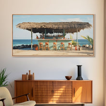 Load image into Gallery viewer, Beachside Tiki Hut Bar and Grill, Framed Canvas Print, Liminal Art, Framed Wall Decor Beach Photography, Surf Art, Surf Print Nautical Decor