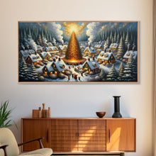 Carregar imagem no visualizador da galeria, Abstract Christmas Village Centerpiece Wall Art | Framed Canvas Print | Christmas Oil Painting Winter Wonderland | Retro Farmhouse Christmas