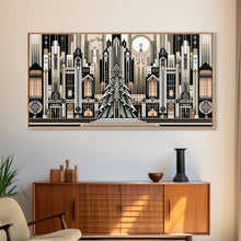 Load image into Gallery viewer, Art Deco Pattern Christmas Village - Framed Canvas Print - Retro Xmas Art - Christmas Decor - Christmas Wall Art - Christmas Art