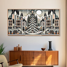 Load image into Gallery viewer, Art Deco Pattern Christmas Village - Framed Canvas Print - Retro Xmas Art - Christmas Decor - Christmas Wall Art - Christmas Art - Art Deco