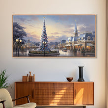 Cargar imagen en el visor de la galería, Christmas Decor Handmade, Framed Canvas Print, Beautiful Winter Wonderland Christmas Village, Christmas Tree Art