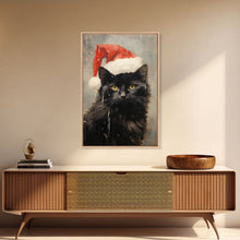 Cargar imagen en el visor de la galería, Christmas Cat In A Christmas Hat, Farmhouse Christmas, Farmhouse Decor, Framed Canvas Print, Seasonal Wall Art, Winter Decor, Christmas Art