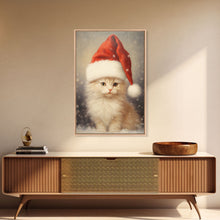 Carregar imagem no visualizador da galeria, Cute White Kitten In A Christmas Hat, Farmhouse Christmas, Farmhouse Decor, Framed Canvas Print Seasonal Wall Art Winter Decor Christmas Art
